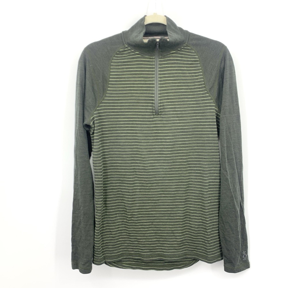 Smartwool Men Size Medium Sweater 1/4 Zip Pullover Top Green Stripe Merino Wool